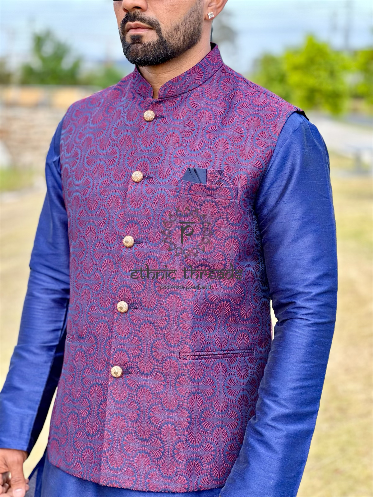 Raw Silk Mens Long Kurta with Jacquard Jacket