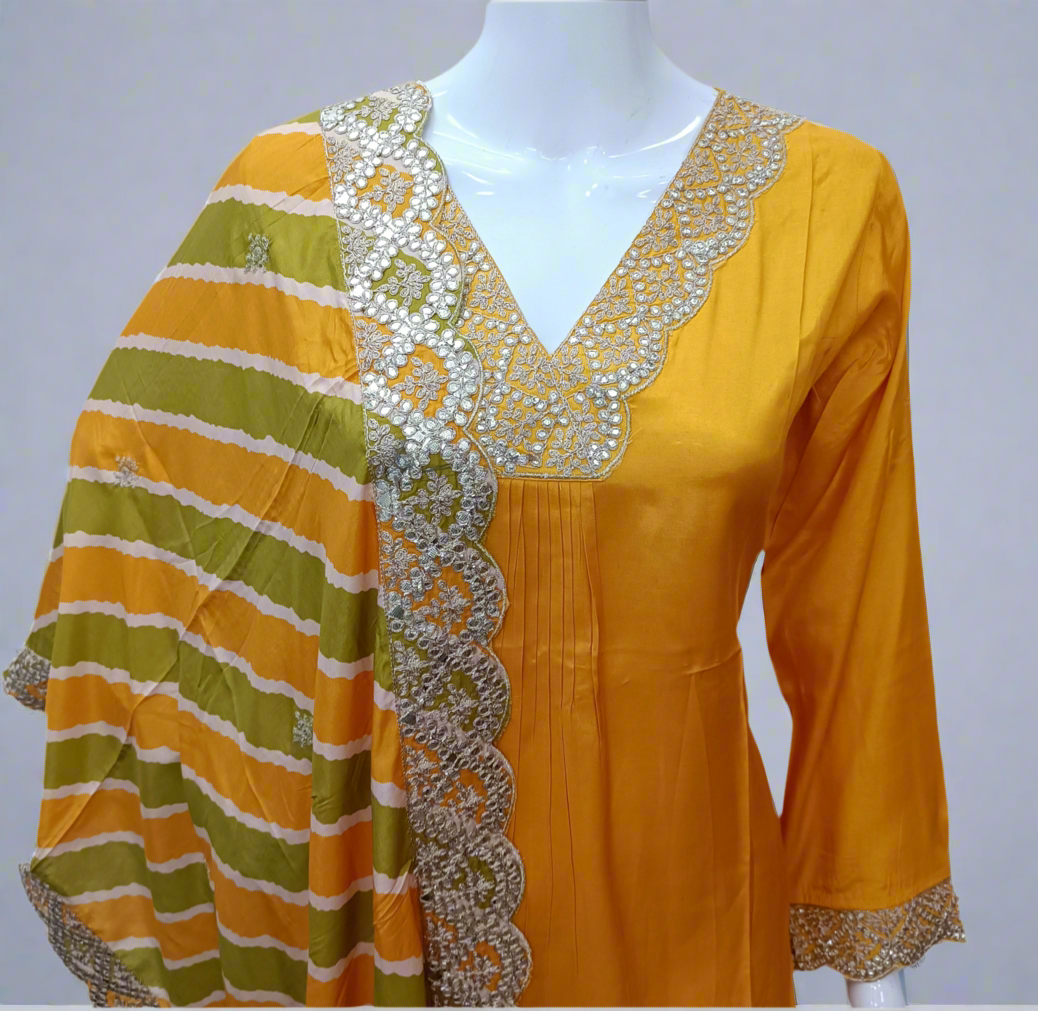 Mustard Silk Salwar Set with Zardosi , V-Neck, and Three-Quarter Sleeves