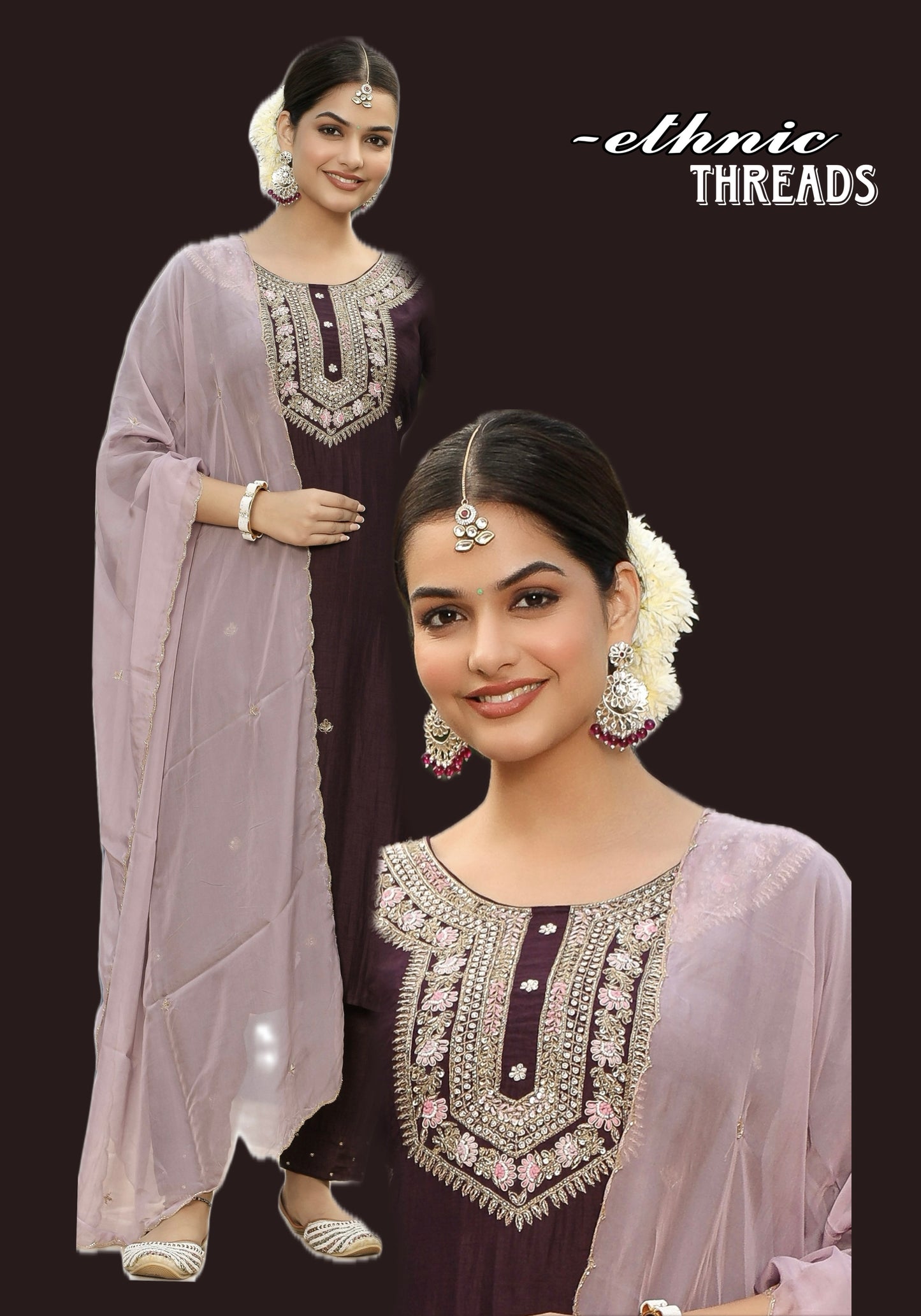Purple Silk Salwar Set with Zardosi , and Three-Quarter Sleeves
