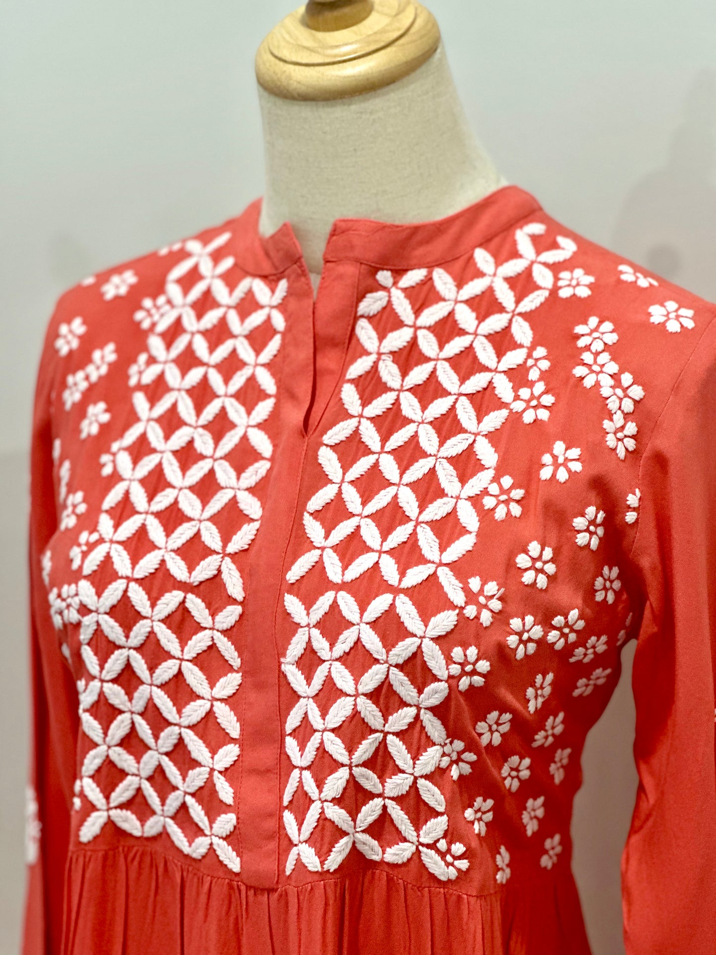 Lucknowi Chikankari Cotton Women's Flared Short Kurta - Peach