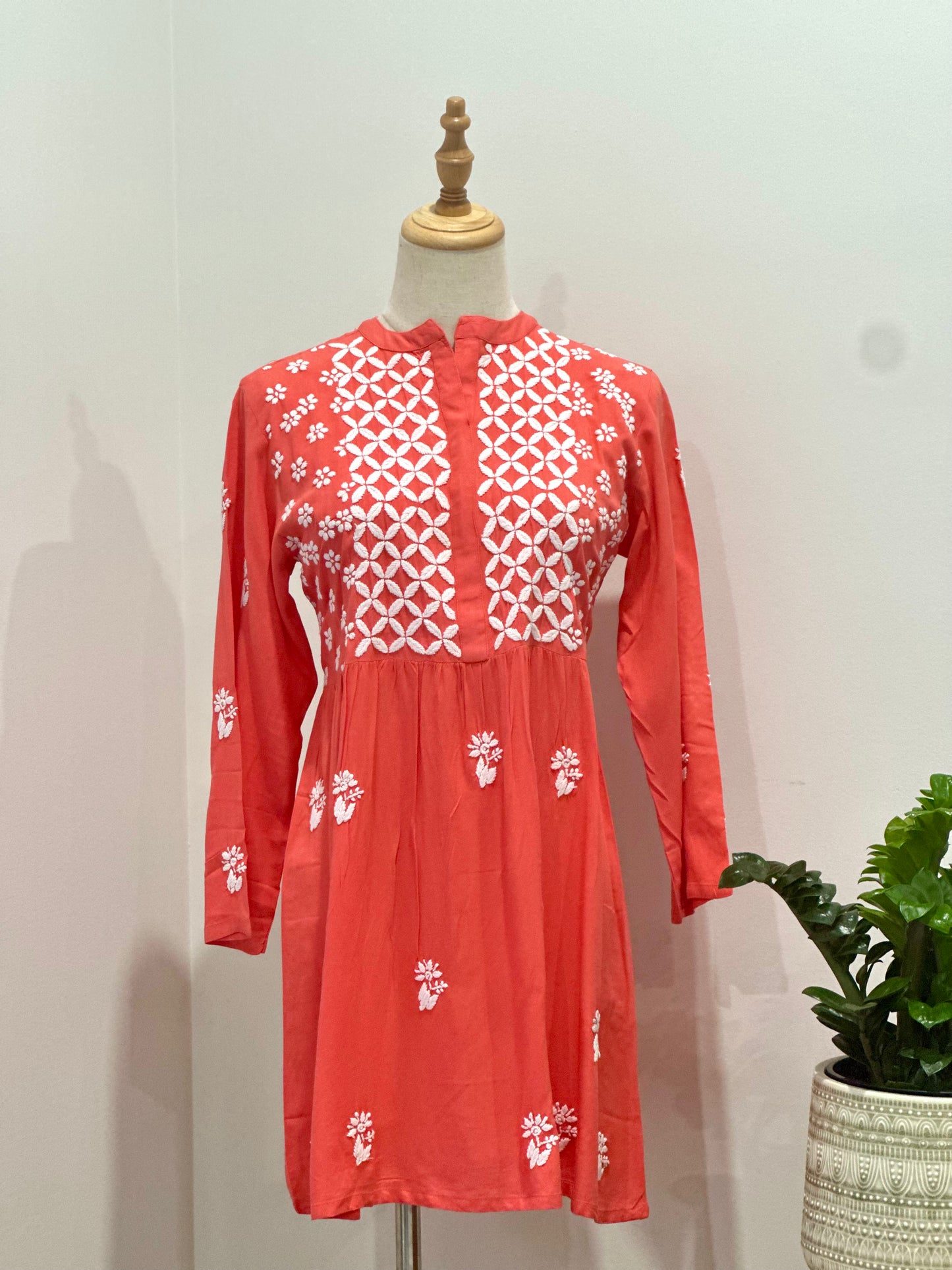 Lucknowi Chikankari Cotton Women's Flared Short Kurta - Peach
