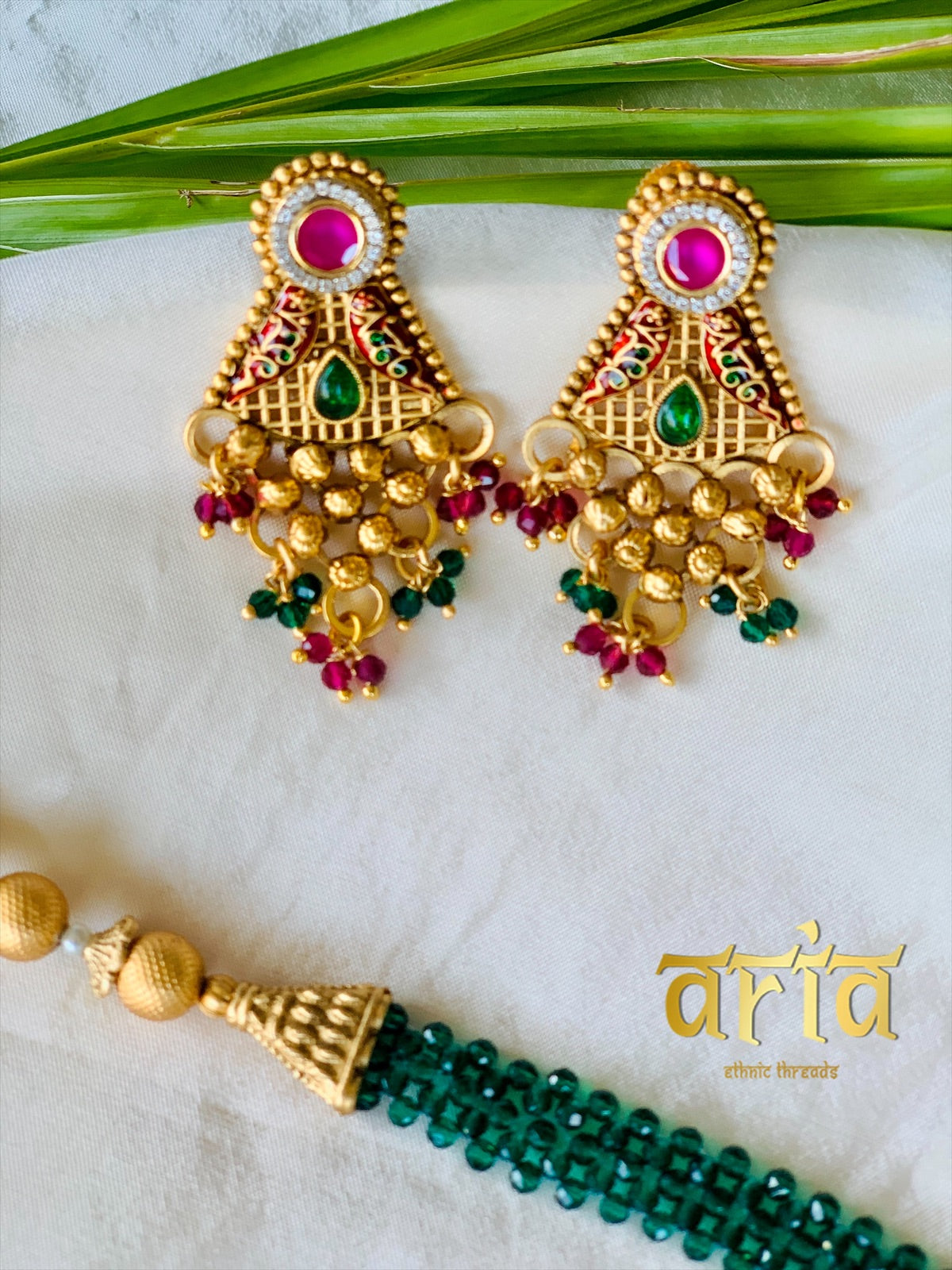 Temple Long Necklace Meenakari Kundan Set- Emerald & White Stones