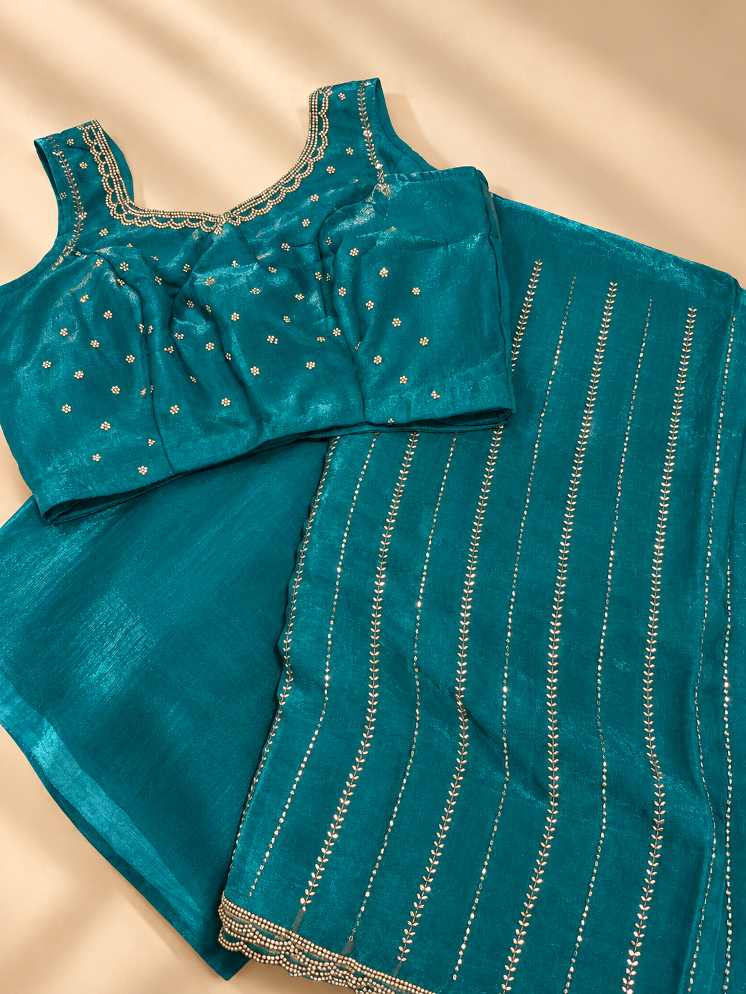 Teal Blue Cocktail Saree with Matching Blouse
