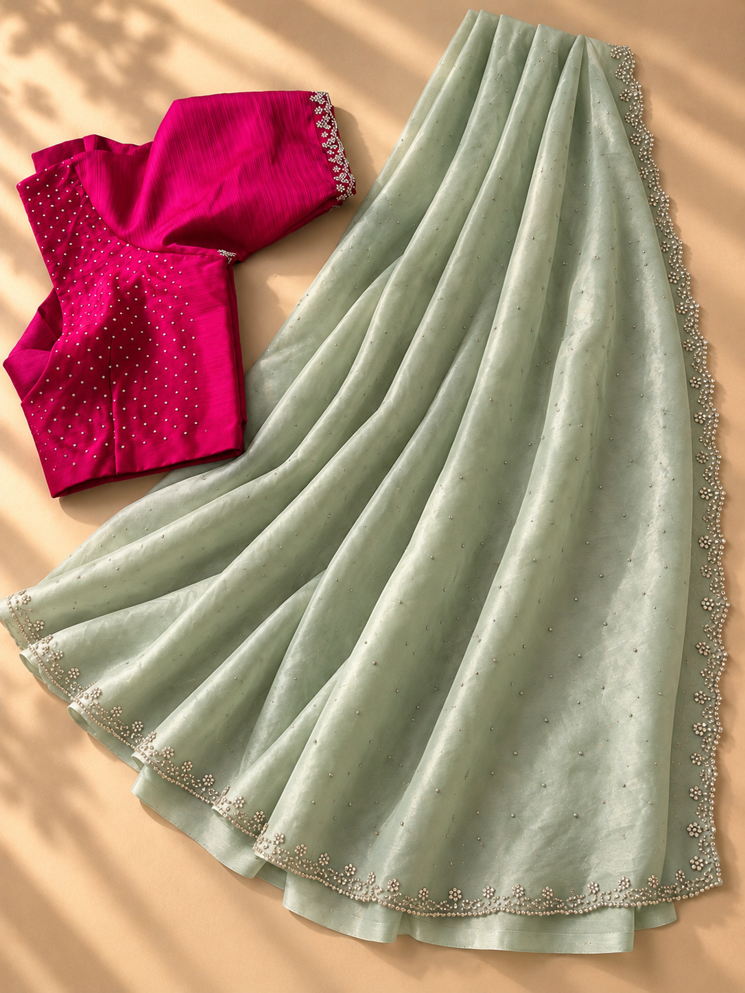 Sage Green Cocktail Saree with Fuchsia Blouse
