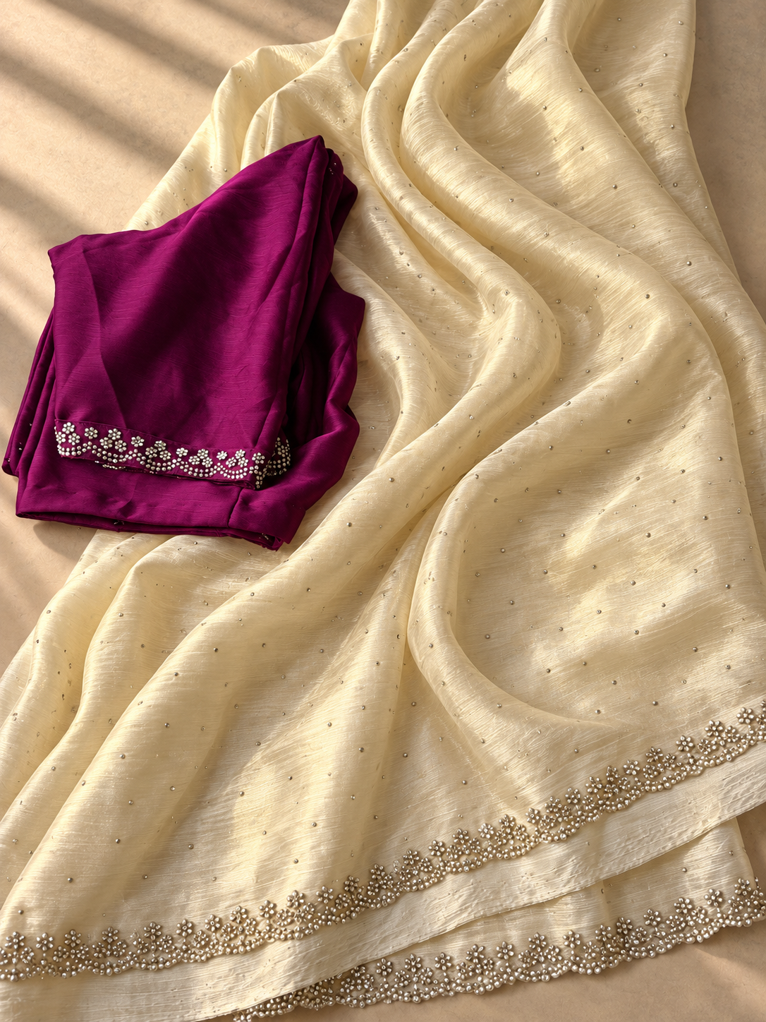 Ivory-Gold Cocktail Saree with Berry Blouse