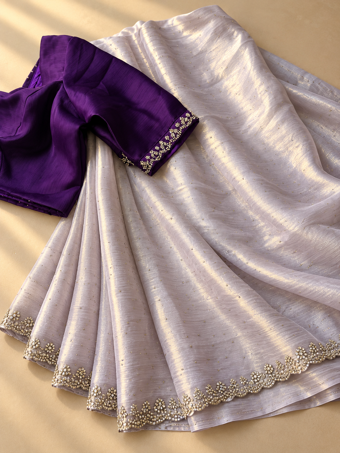 Silver-Lavender Cocktail Saree with Purple Blouse