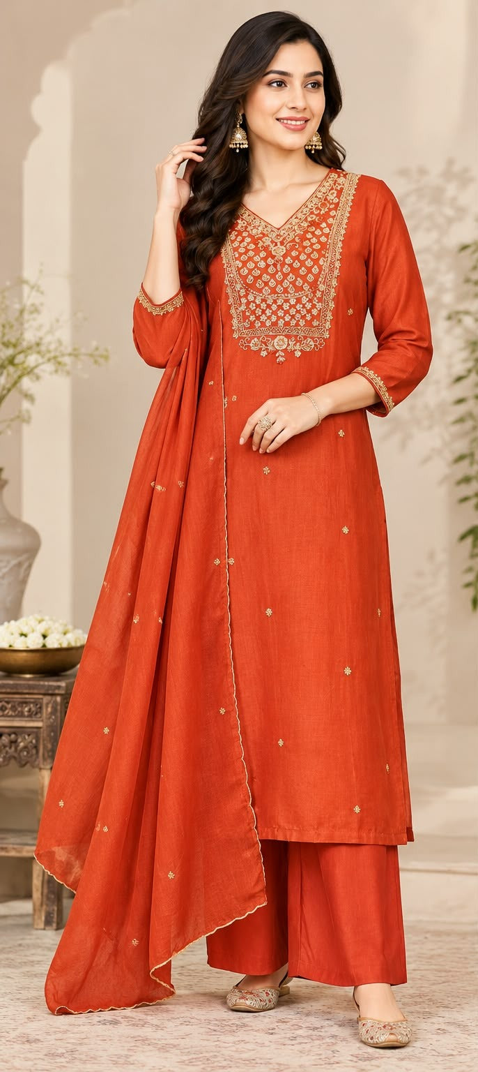 Orange Embroidered Kurta Set with Palazzo Pants