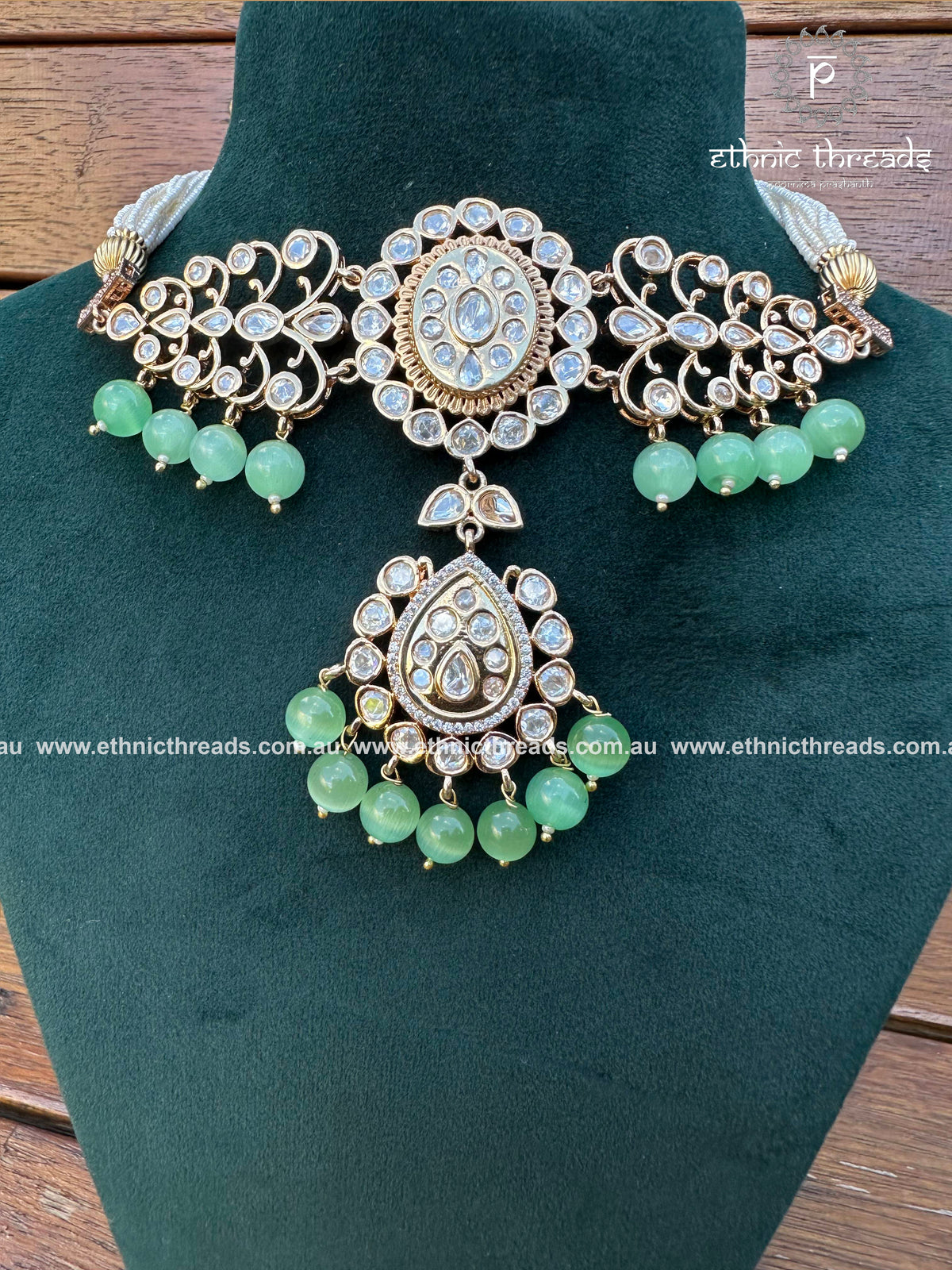 Victorian Finish Kundan Choker set - Mint Green