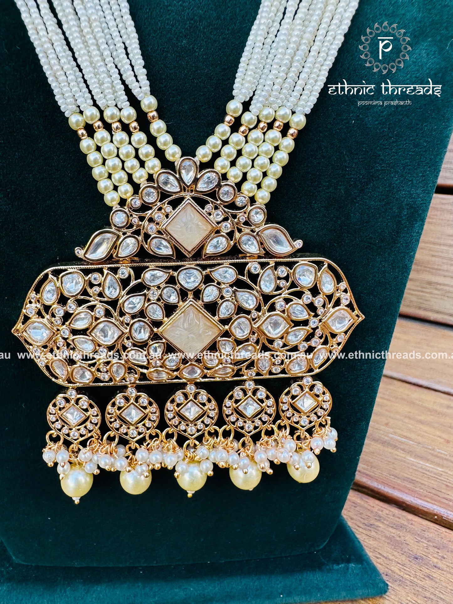 Kundan Polki Long set - Cream and Pearl Drops