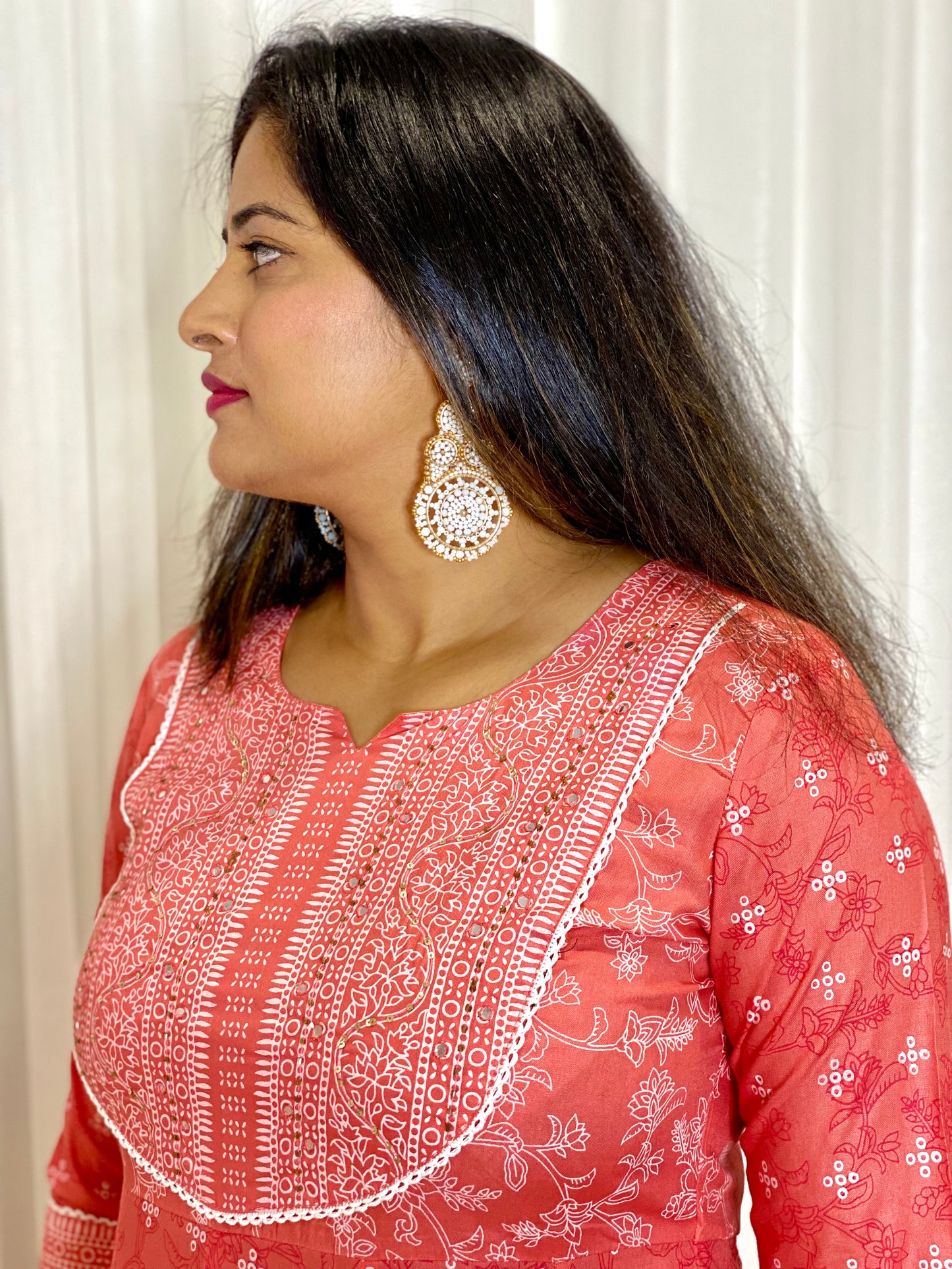 Peach Printed Cotton Anarkai Kurta