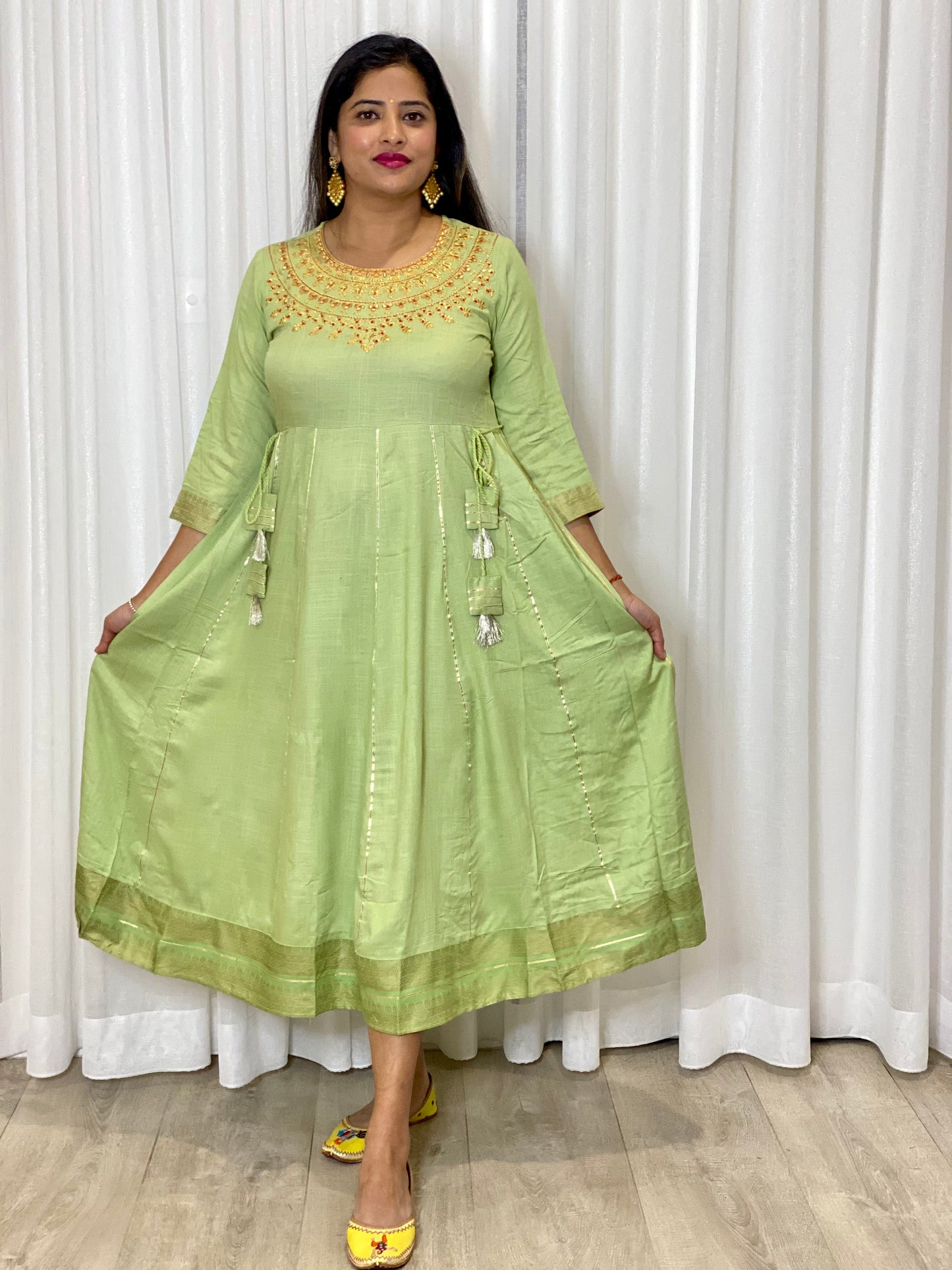 Embroidered Green Cotton Anarkali