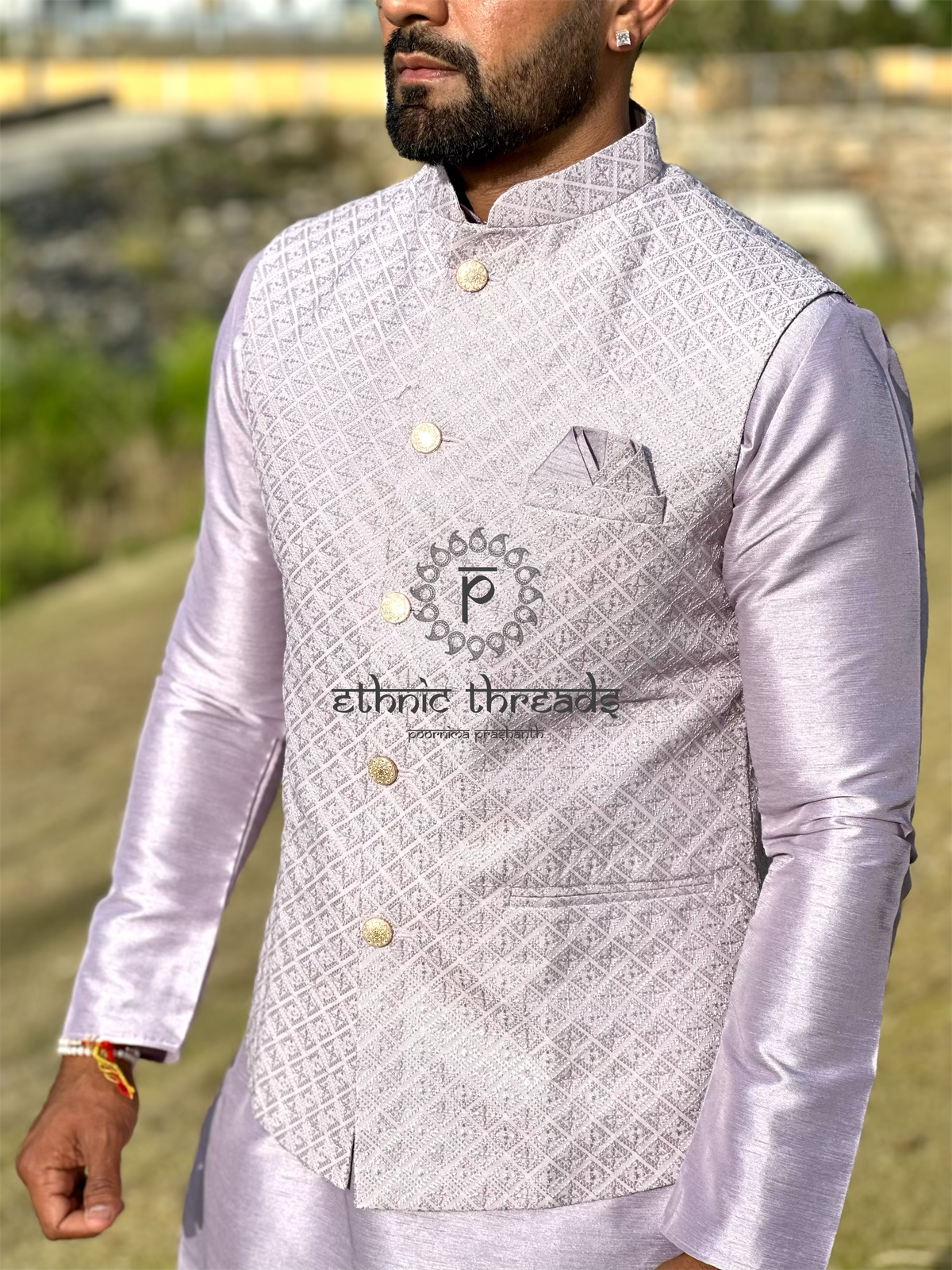 Raw Silk Mens Long Kurta with Embroidery Jacket