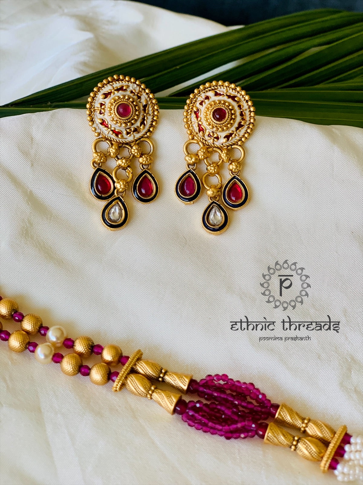 Temple Long Necklace Meenakari Set- Ruby & White Stones