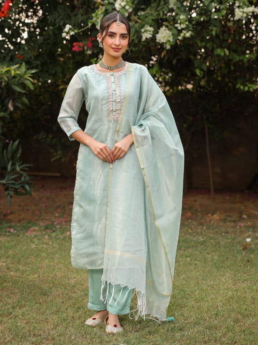 Pastel Green Tissue Silk Salwar Set with Zardosi , and Three-Quarter Sleeves