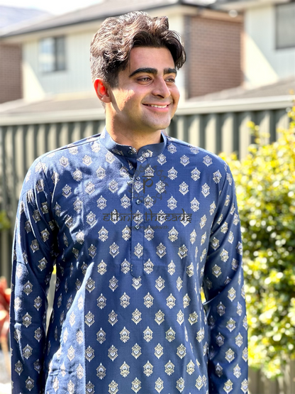 Printed Cotton Mens Long Kurta- Navy Blue