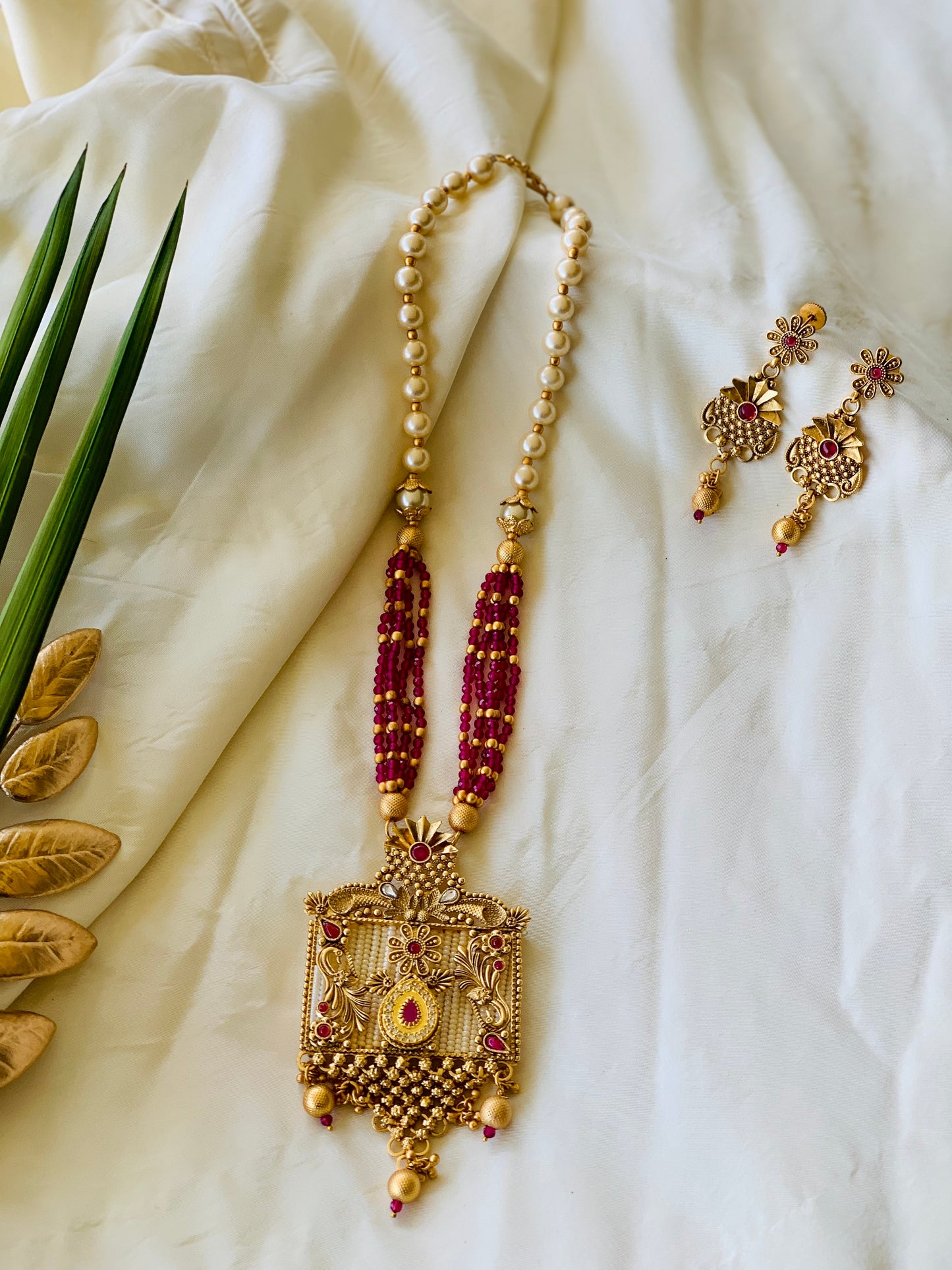 Temple Long Pearl Necklace set- Pearls