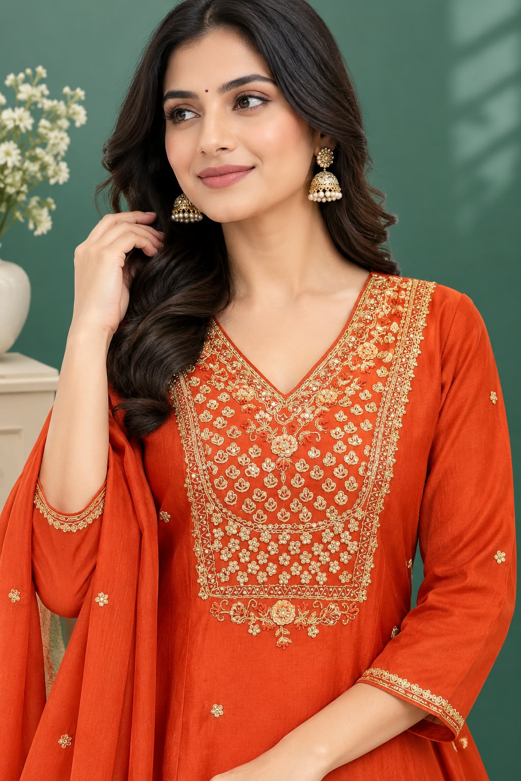 Orange Embroidered Kurta Set with Palazzo Pants