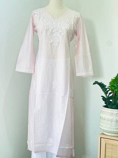 Chikankari Long Kurta In Silk - Pastel Pink