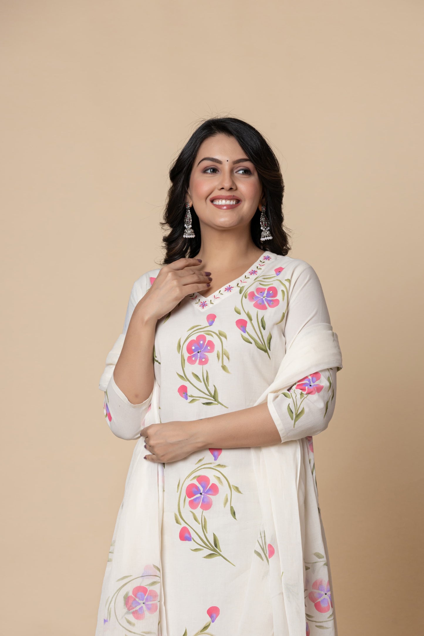 White Floral Handblock Cotton Salwar Set