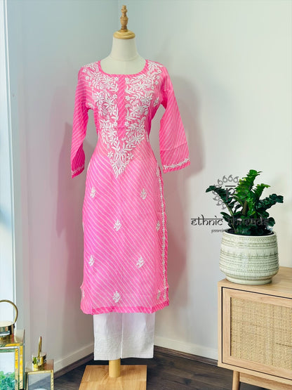 Chikankari Long Kurta In Kota - Pink