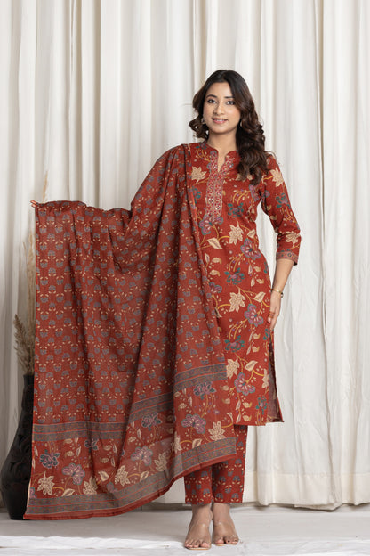 Rust Floral Block Printed Salwar Set