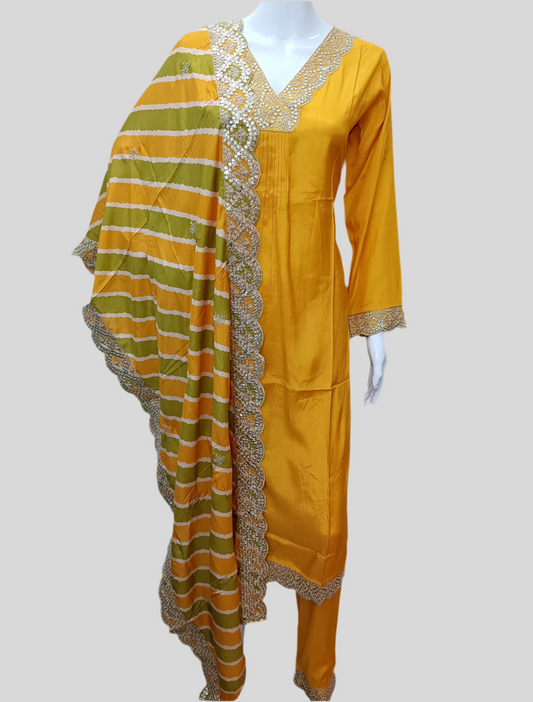 Mustard Silk Salwar Set with Zardosi , V-Neck, and Three-Quarter Sleeves