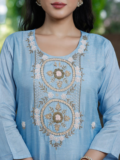 Pastel Blue Silk Salwar Set with Zardosi , and Three-Quarter Sleeves