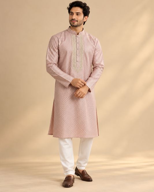 Light Rose Pink Semi Banarasi Silk Men’s Kurta & Pyjama Set