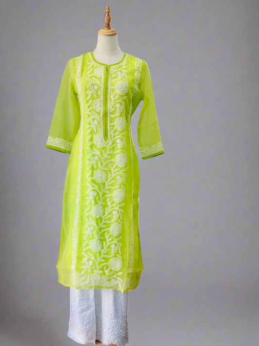 Chikankari Long Kurta In Georgette - Mint Green