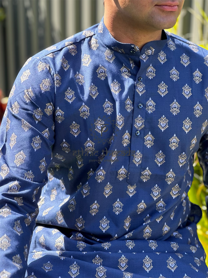 Printed Cotton Mens Long Kurta- Navy Blue