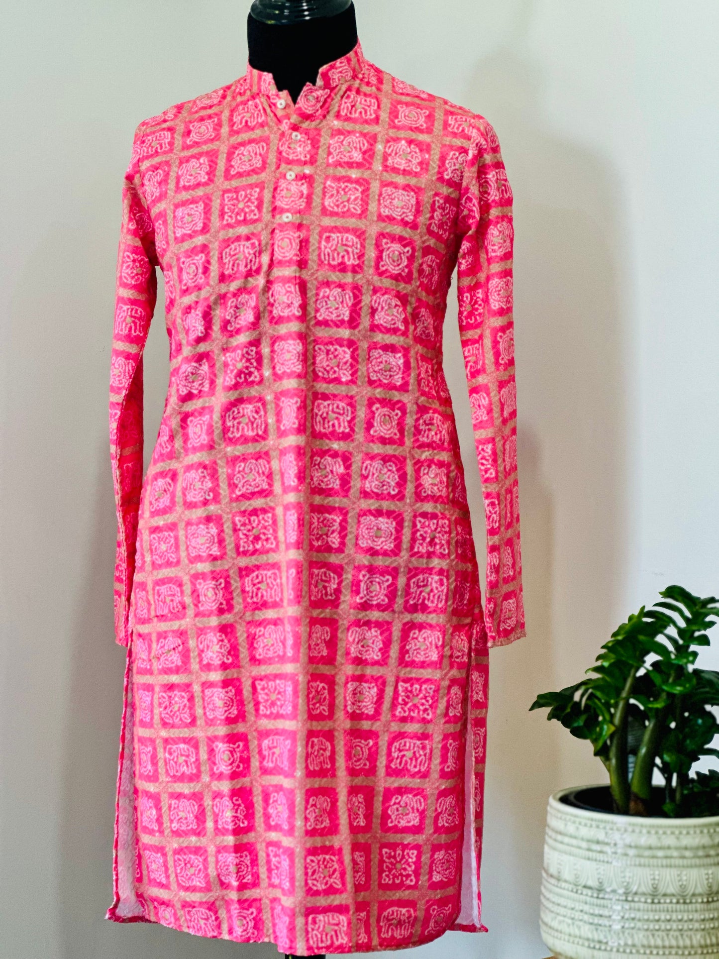 Printed Cotton Mens Long Kurta- Neon Pink