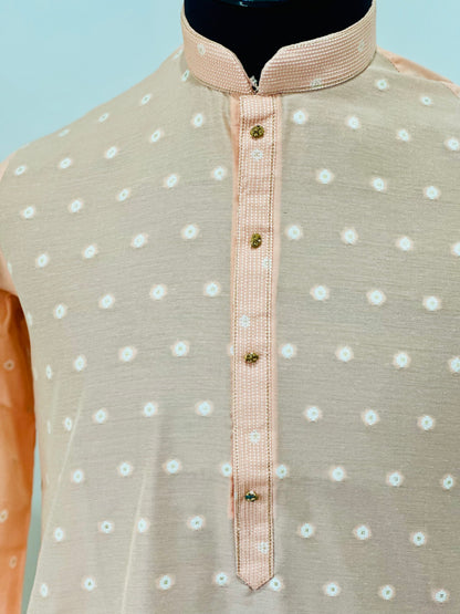 Printed Cotton Mens Long Kurta- Peach