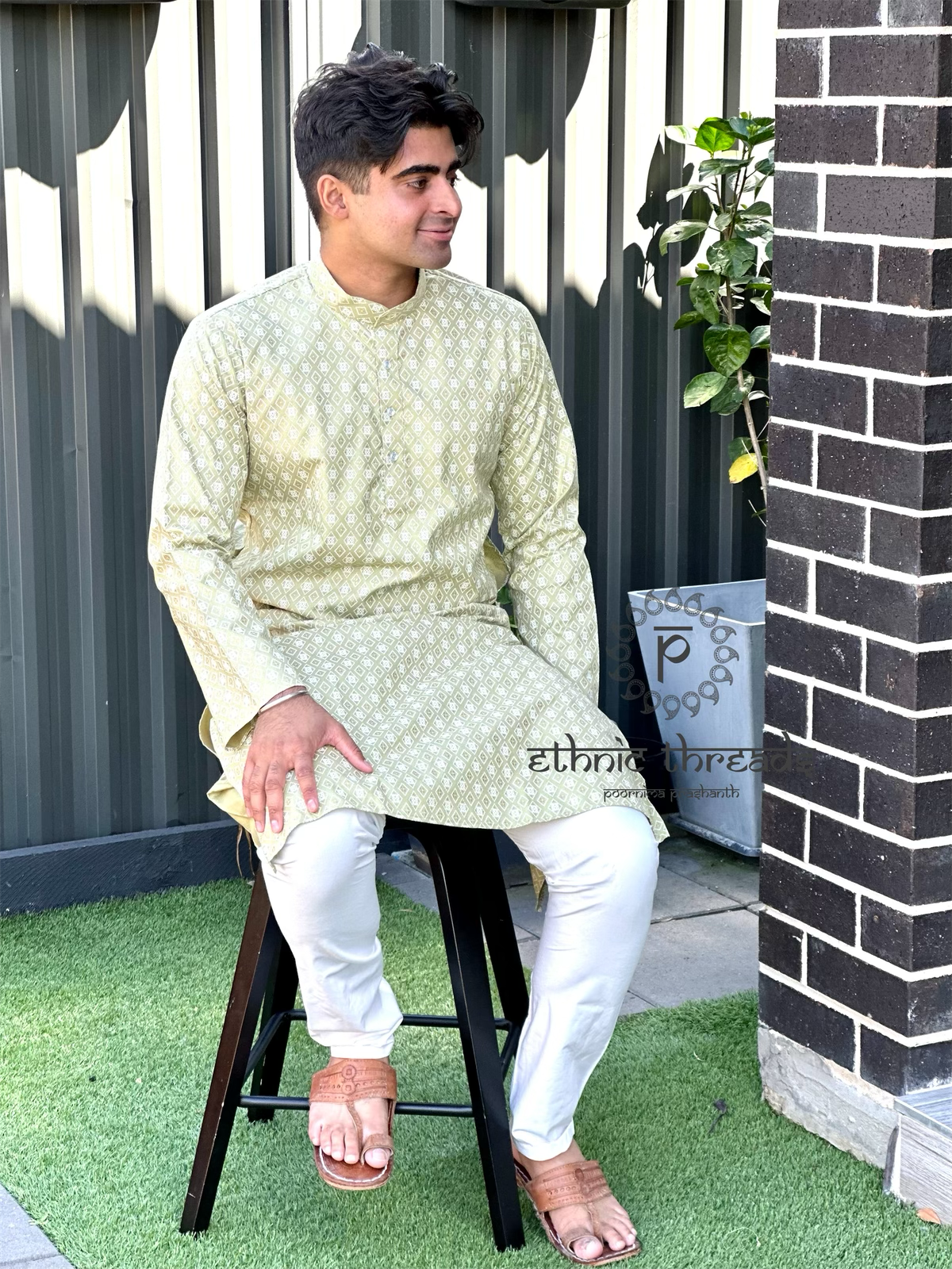 Printed Cotton Mens Long Kurta- Olive Green