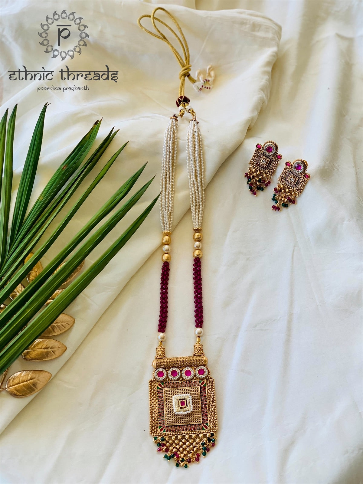 Temple Long Necklace Set- Ruby & White Stones