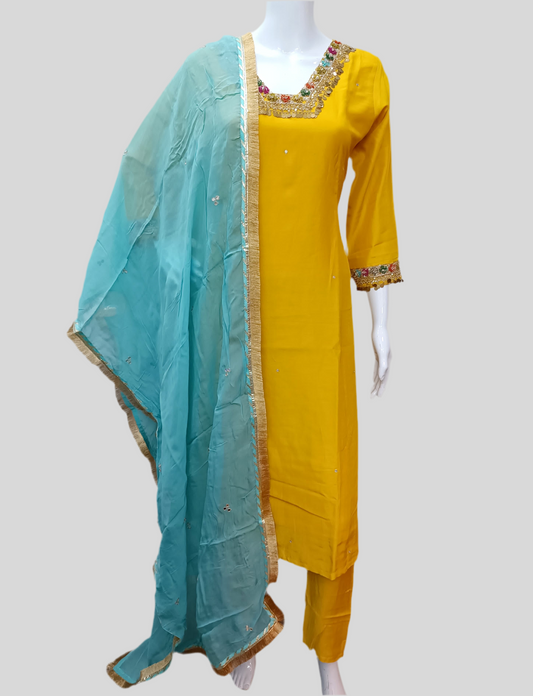 Mustard Silk Salwar Set with Zardosi , and Three-Quarter Sleeves