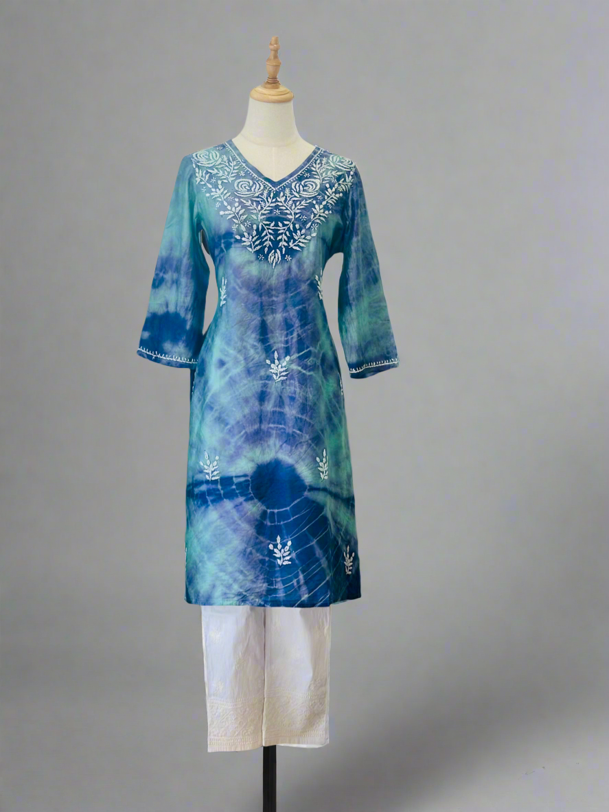 Chikankari Kurta In Tie-Dye Silk Cotton -Teal/Violet