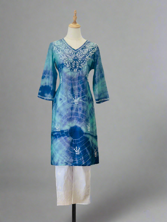 Chikankari Kurta In Tie-Dye Silk Cotton -Teal/Violet