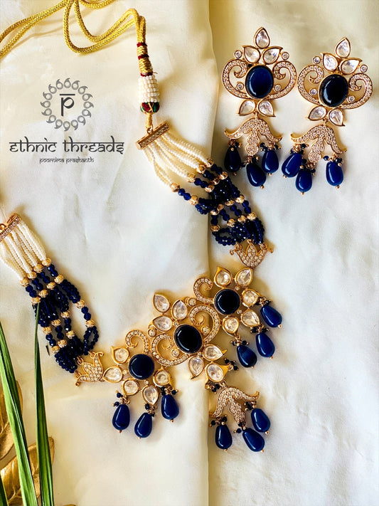 Uncut Polki Choker Set with Semi-precious Stones- Blue