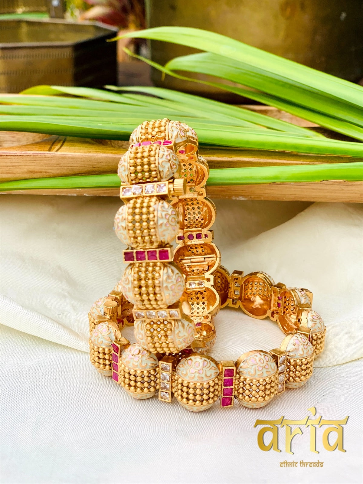 Golden Meenakari Kada Bangles with AD & Kemp Stones