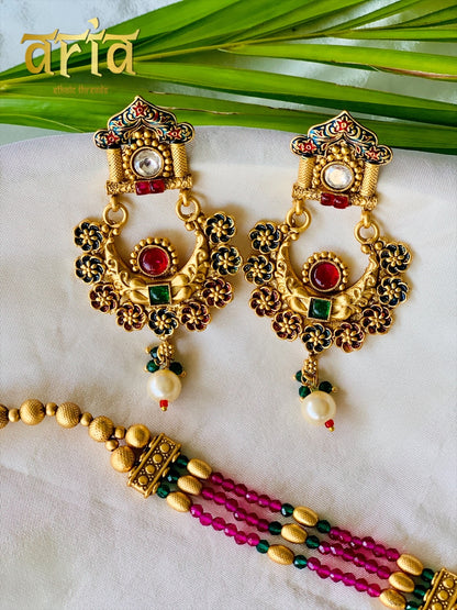 Temple Long Necklace Meenakari Kundan Set-Emerlad Stones