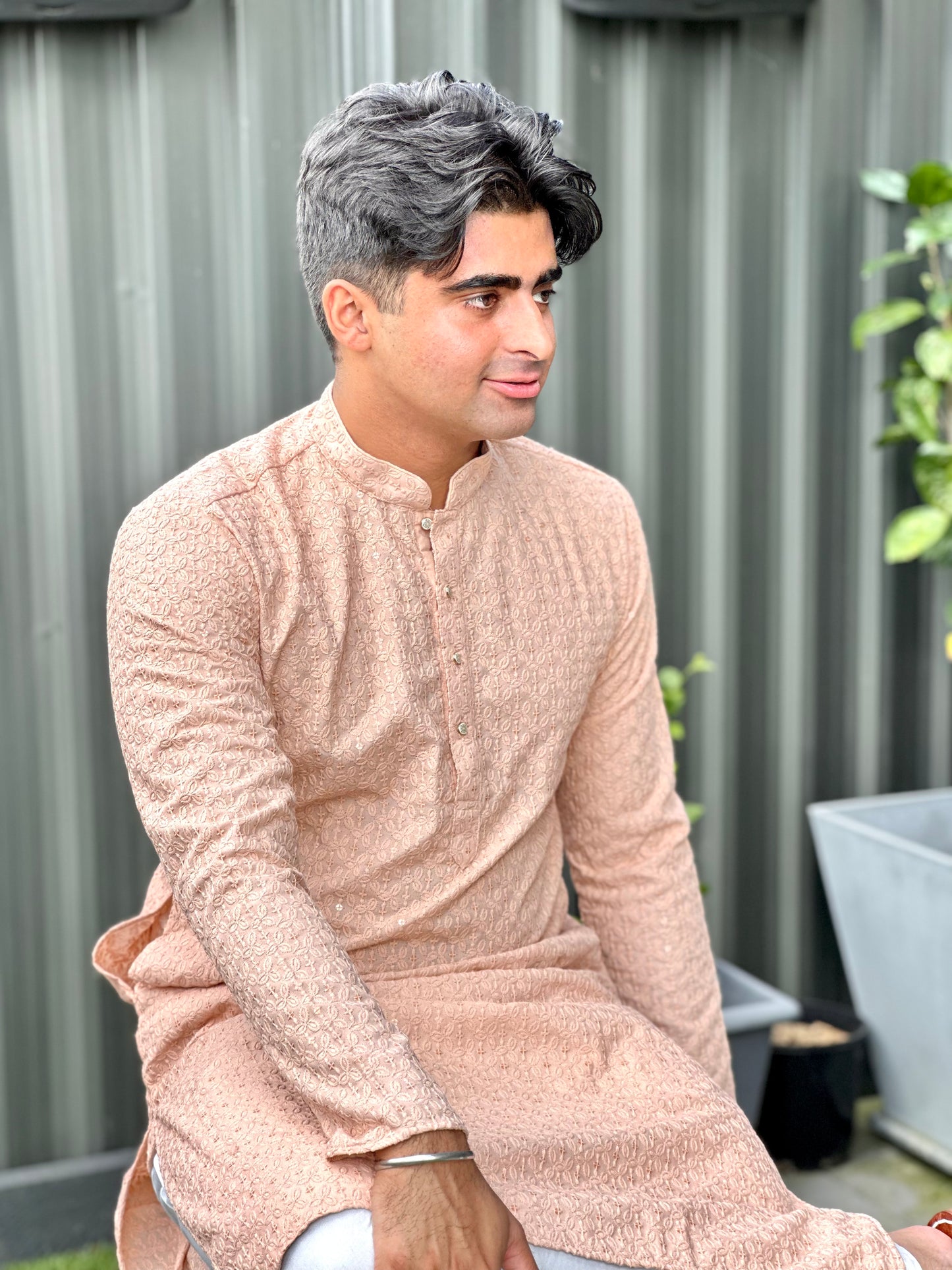 Chikankari for Men Long Kurta-Peach