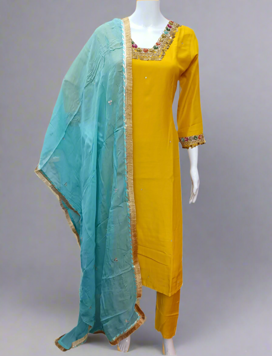 Mustard Silk Salwar Set with Zardosi , and Three-Quarter Sleeves