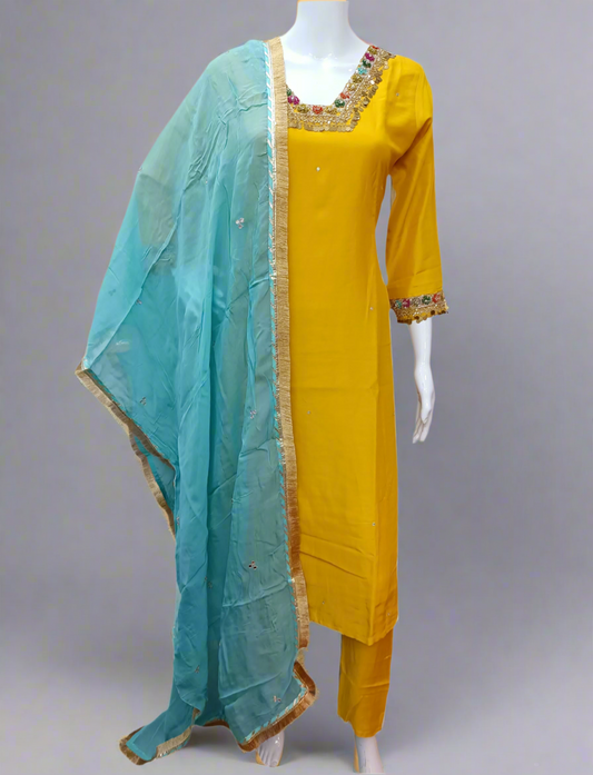 Mustard Silk Salwar Set with Zardosi , and Three-Quarter Sleeves