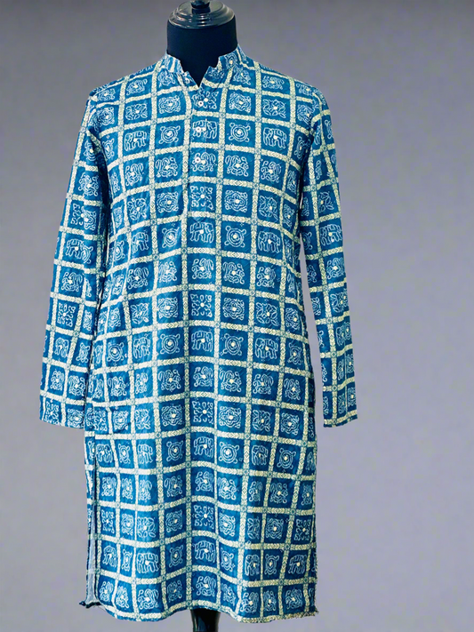 Printed Cotton Mens Long Kurta- Indigo Blue