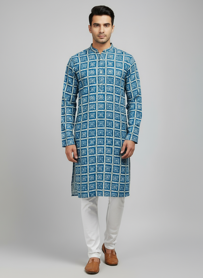 Printed Cotton Mens Long Kurta- Indigo Blue