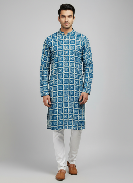 Printed Cotton Mens Long Kurta- Indigo Blue