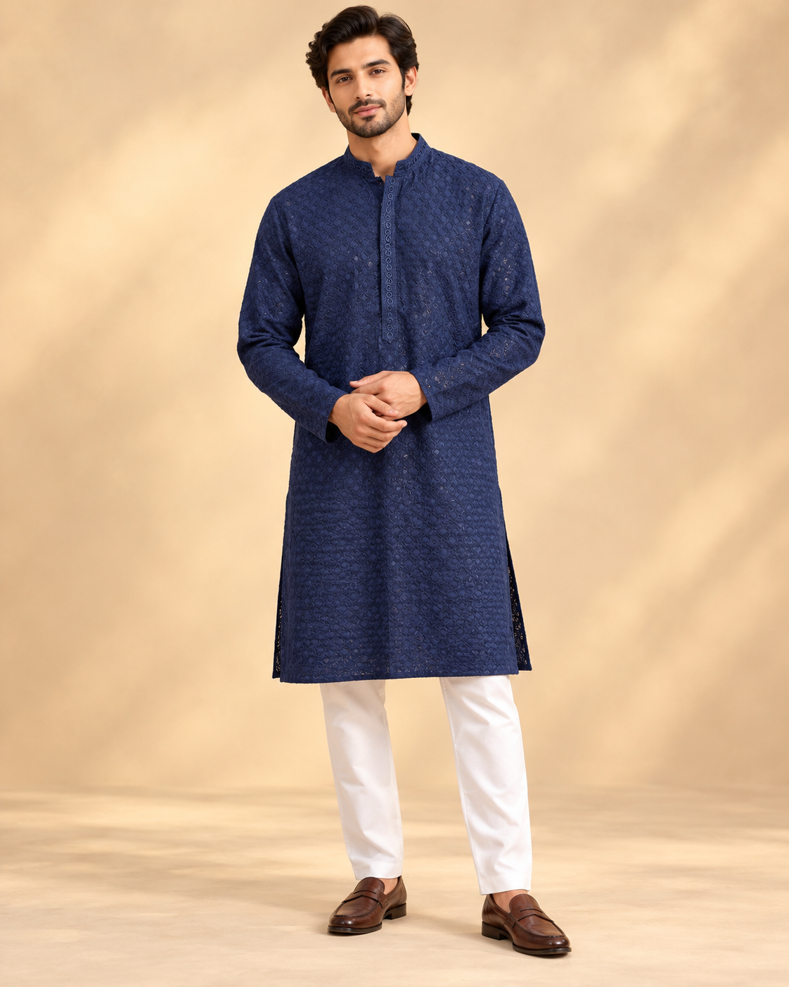 Navy Blue Cotton Chikankari Men’s Kurta & Pyjama Set
