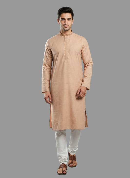 Cotton Mens Long Kurta- Beige