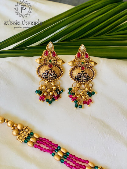 Temple Long Necklace Meenakari Kundan Set- Ruby & White Stones