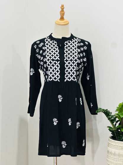 Lucknowi Chikankari  Cotton Women's Flared Short Kurta - Black